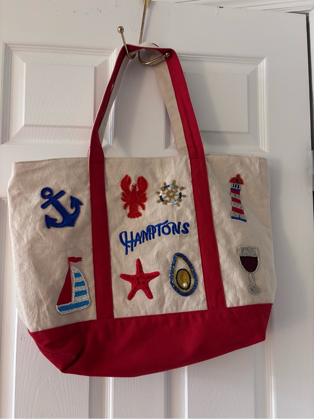 Canvas Hamptons Tote Bag with Red Trim